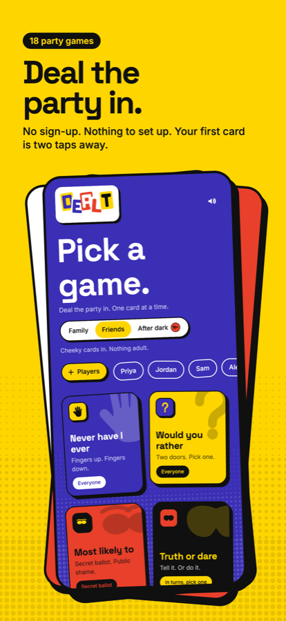 The Dealt Party home screen, with every game as a card in its own colours.