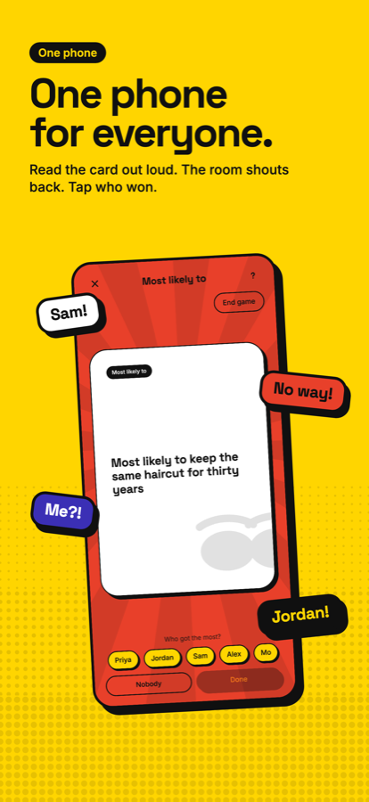Party mode: the same card on several phones, each answering in private.